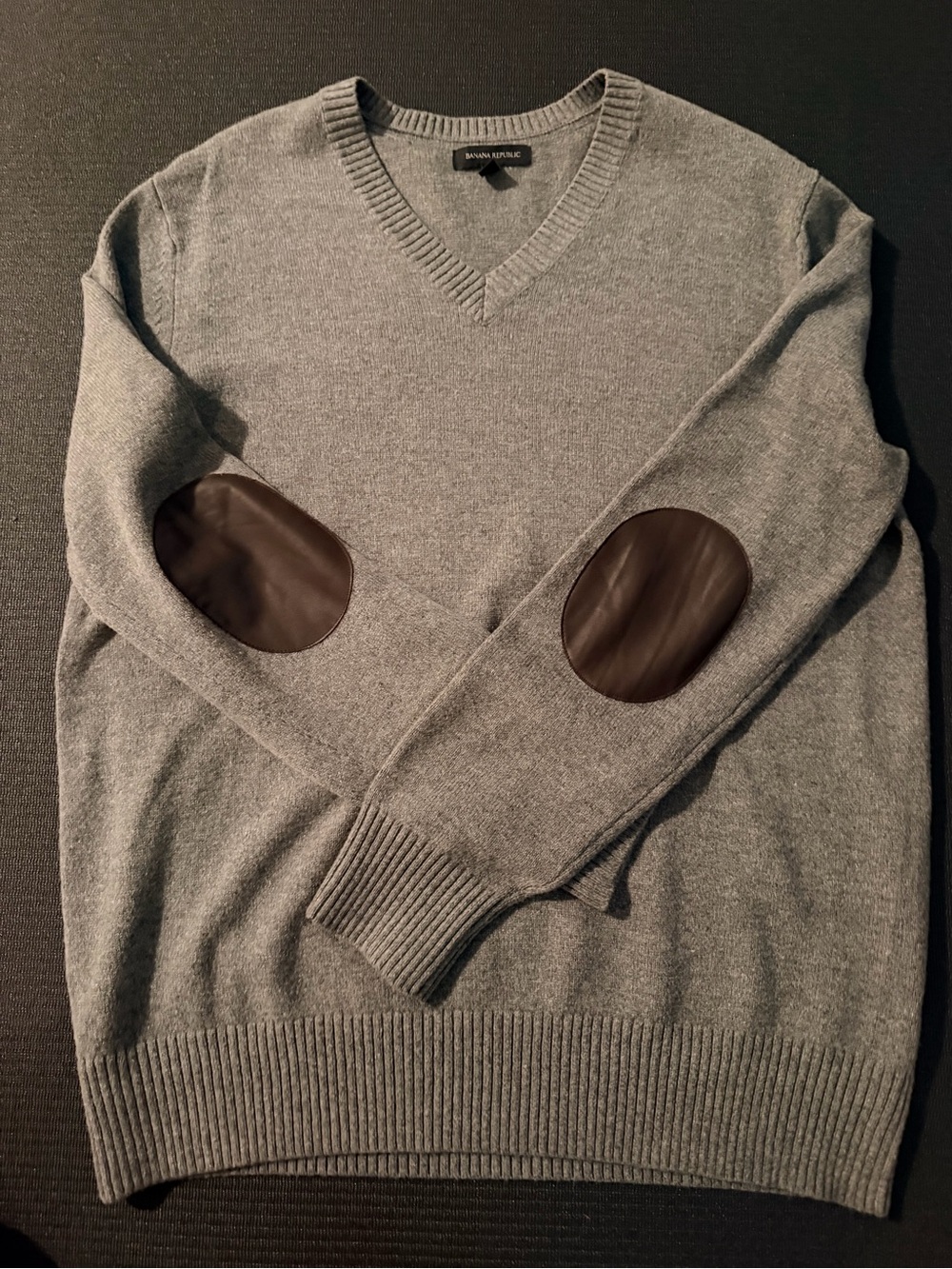 Banana Republic Gray V-Neck Sweater with Brown Elbow Patches
